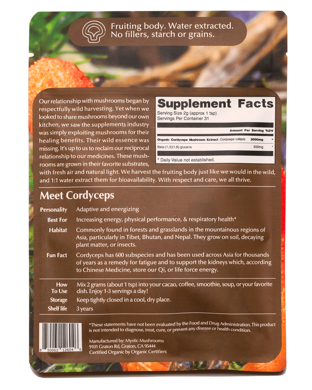 Mystic Mushrooms Cordyceps Supplement Facts