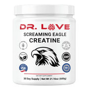 Dr. Love Screaming Eagle Creatine Monohydrate supplement container featuring 600g of pure creatine with GMP certification and quality assurance seals.