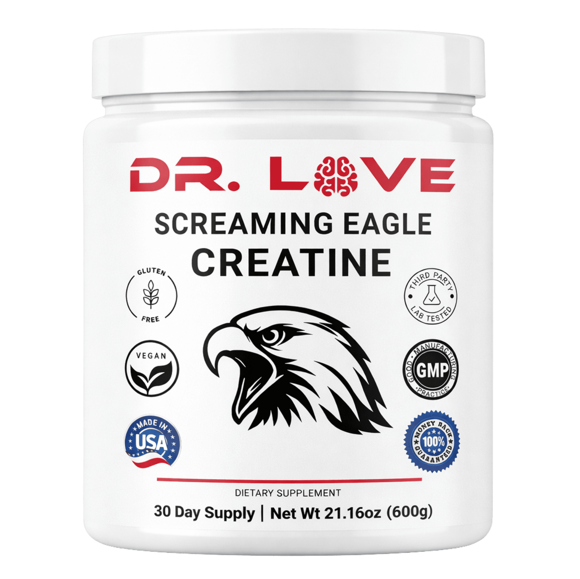 Dr. Love Screaming Eagle Creatine Monohydrate supplement container featuring 600g of pure creatine with GMP certification and quality assurance seals.
