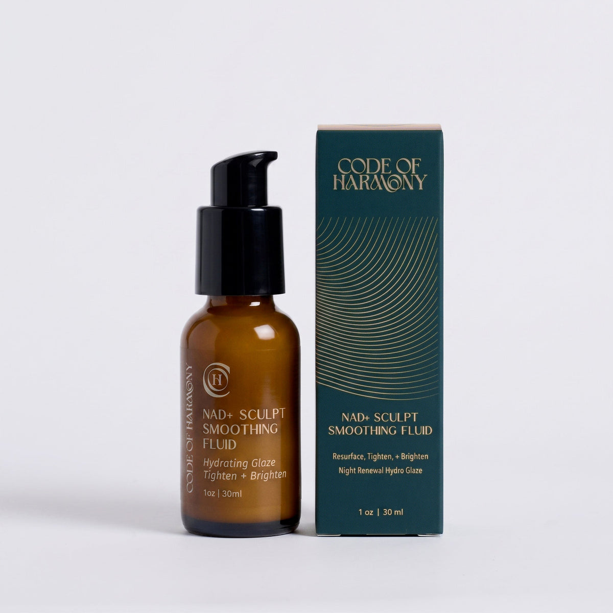 Code of Harmony NAD+ Sculpt Smoothing Fluid bottle and box on a dark teal background
