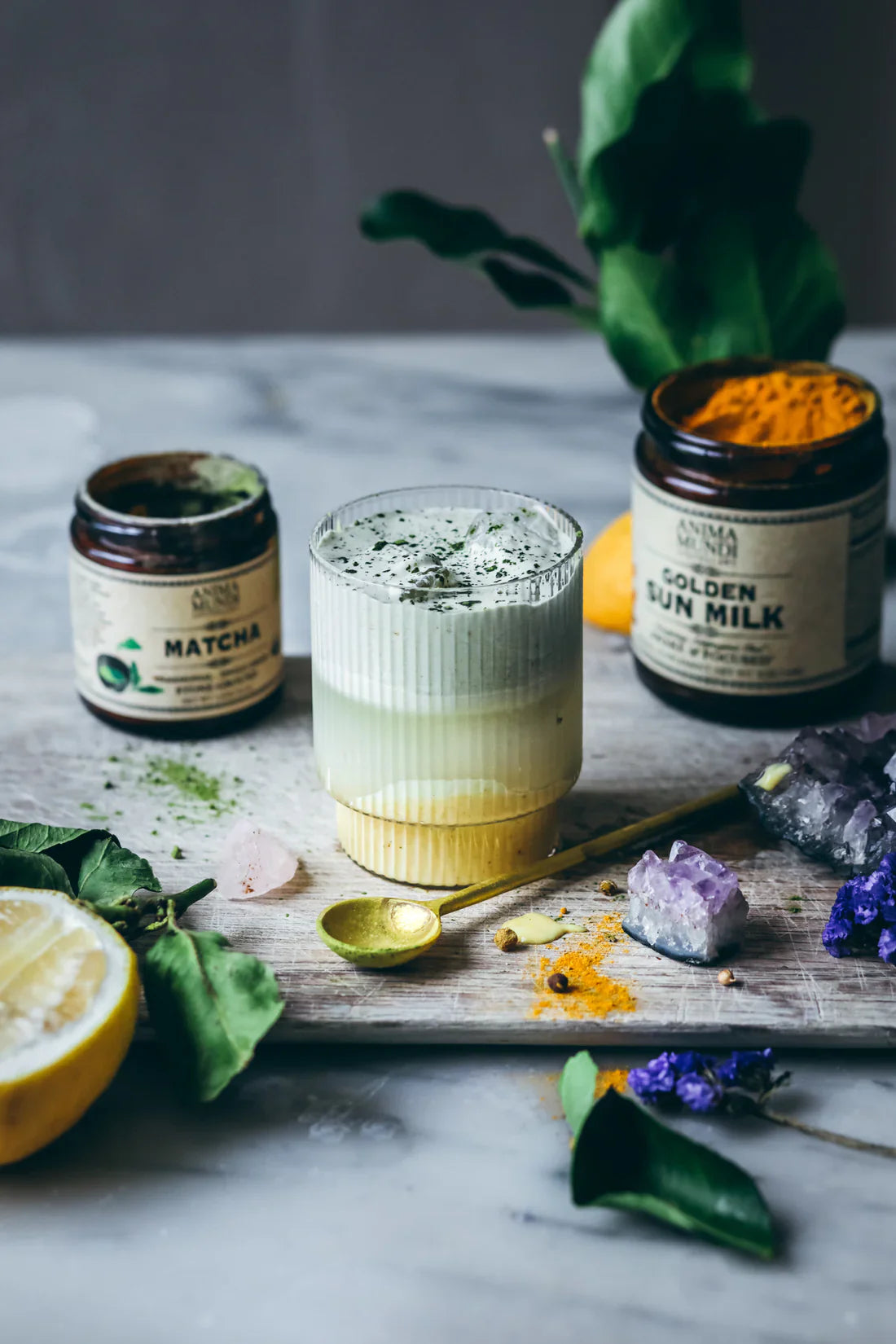 Creamy matcha latte prepared with Anima Mundi Matcha and Golden Sun Milk beside crystals, citrus, and botanical ingredients.