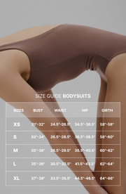 Size guide graphic for the Elastique Athletics Adorn bodysuit collection with measurement reference overlay on a close up image of the taupe bodysuit.