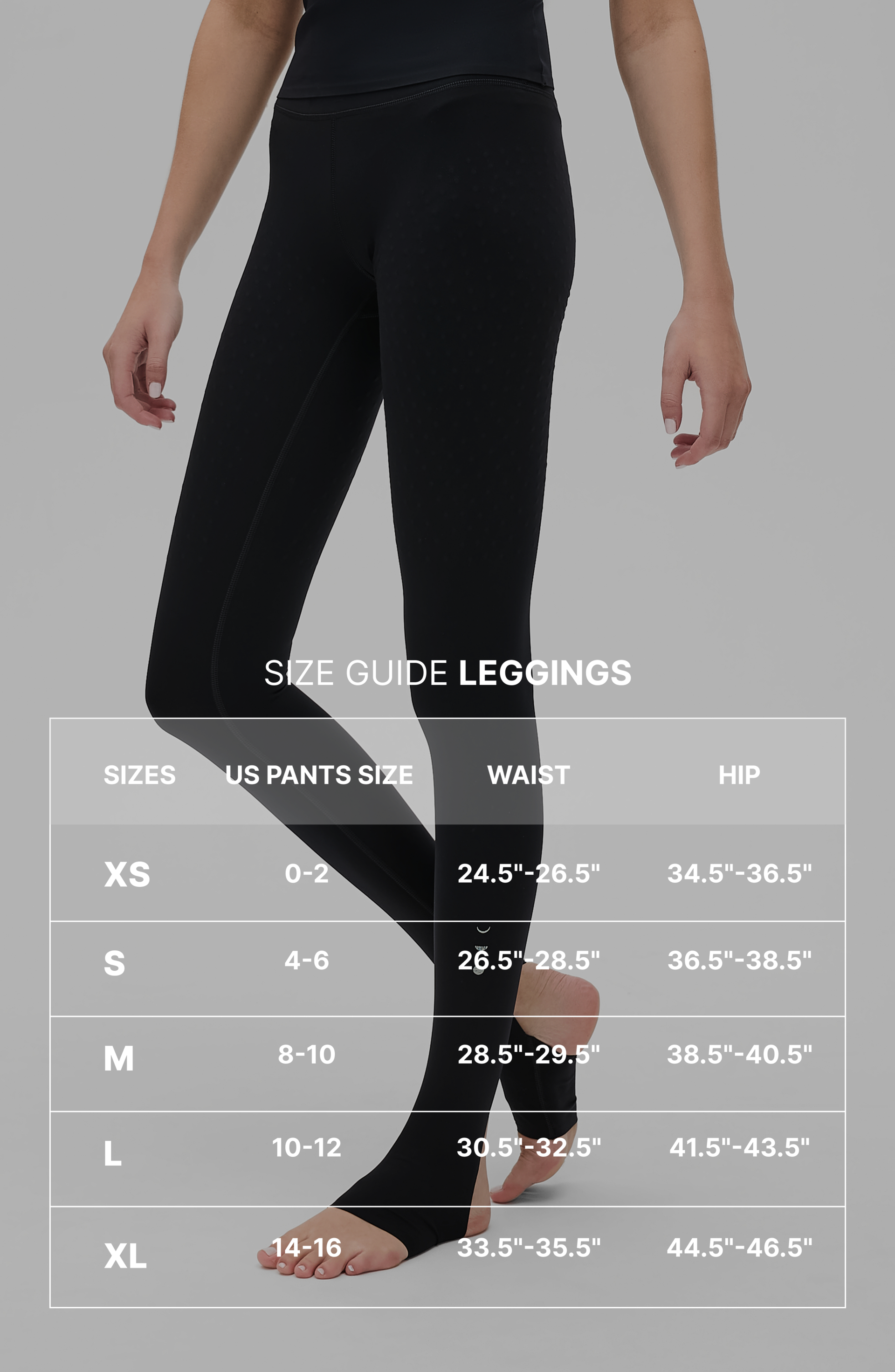 Size guide graphic for the Elastique Athletics L'Original Lymphatic Stirrup Leggings with measurement overlay text across a full length image of the black leggings.