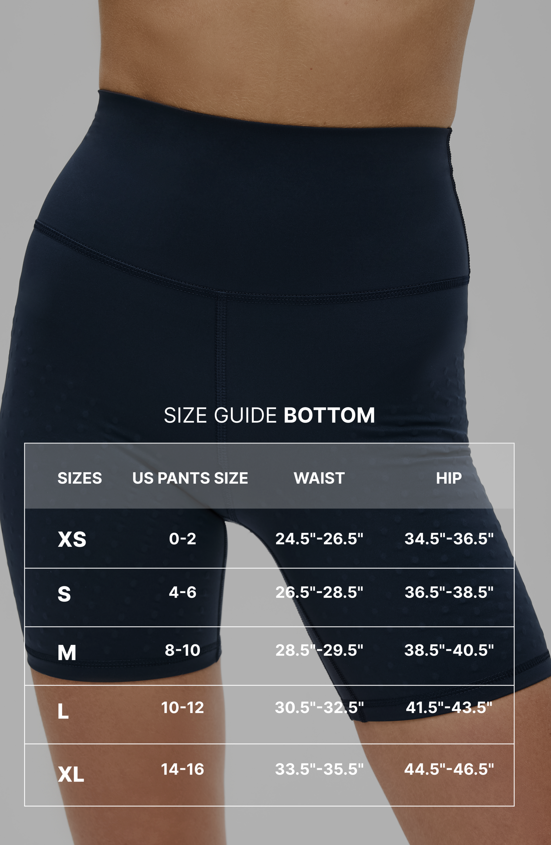 Size guide graphic for the Elastique Athletics L'Original Lymphatic Bike Short featuring measurement overlay text across navy blue bike shorts.
