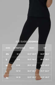 Size guide graphic for the Elastique Athletics Adorn Leggings featuring measurement overlay text on a full length image of the black leggings.