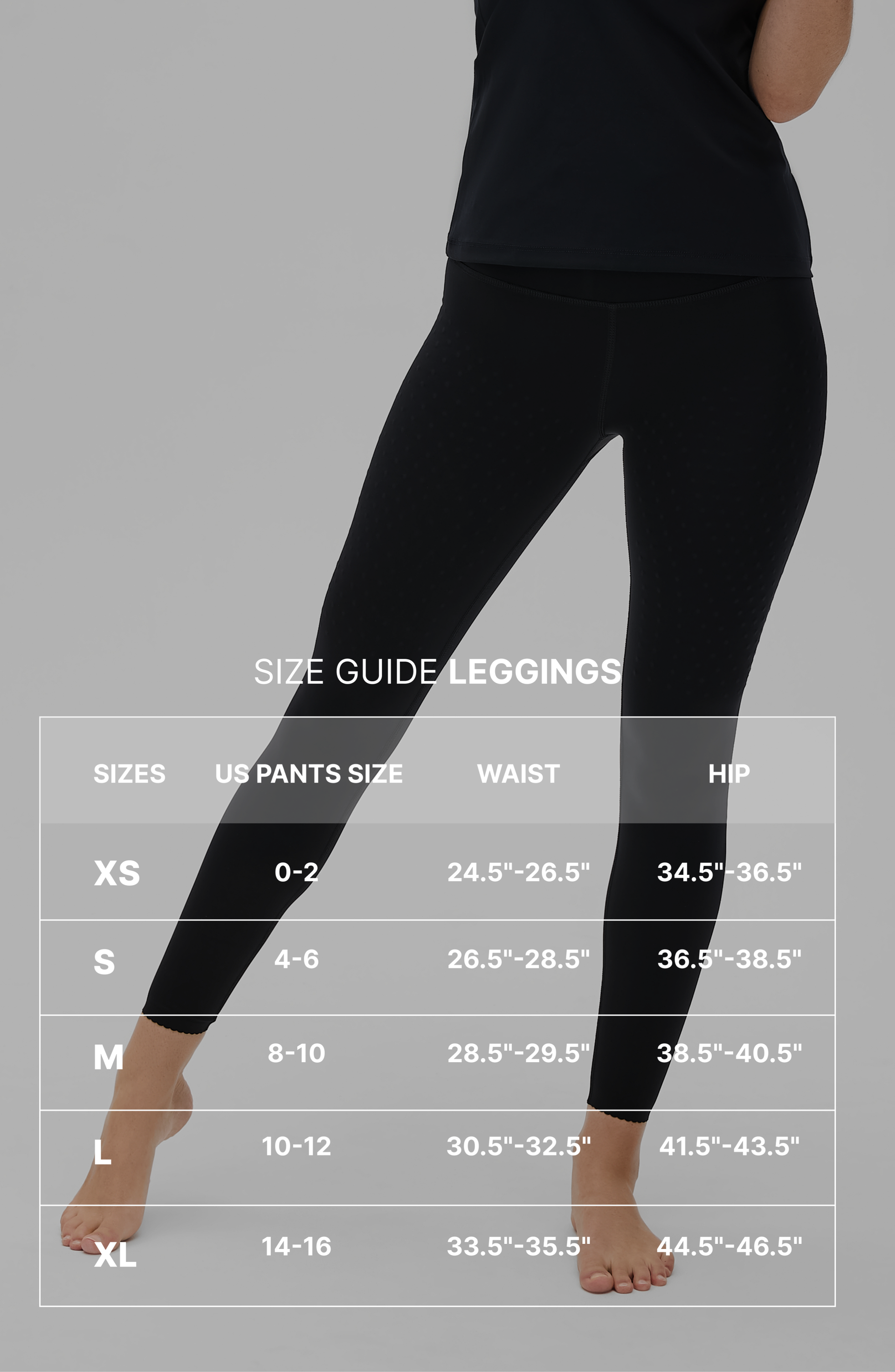Size guide graphic for the Elastique Athletics Adorn Leggings featuring measurement overlay text on a full length image of the black leggings.