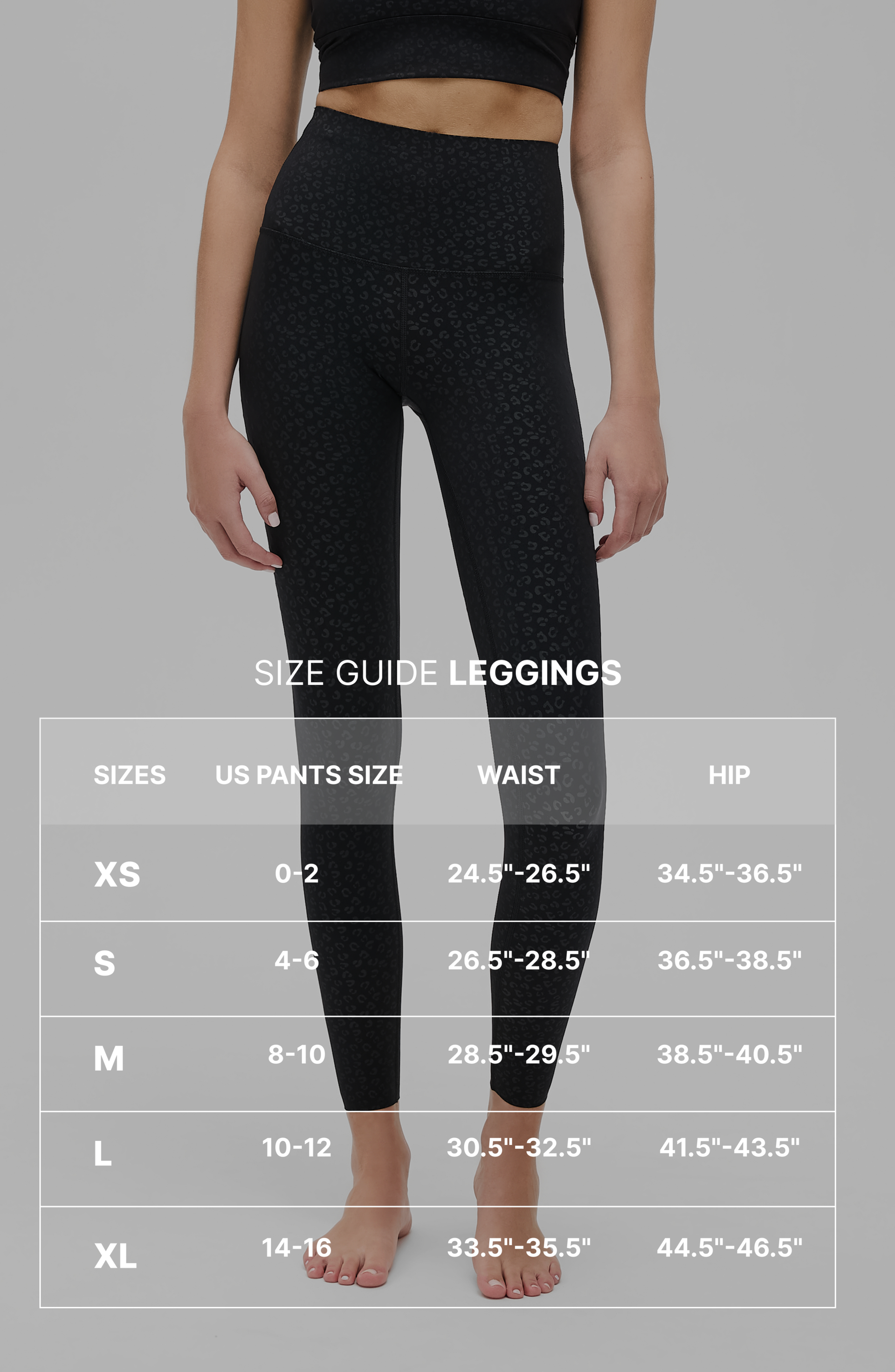 Size guide graphic for the Elastique Athletics The Fierce Leggings with measurement overlay text across a full length image of the black leggings.