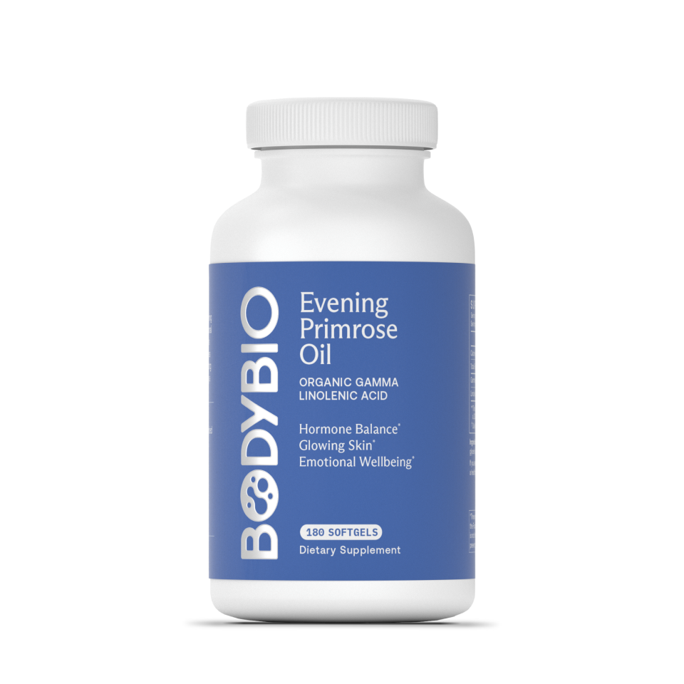 Evening Primrose Oil supplement bottle with blue label highlighting GLA for hormone balance, glowing skin, and emotional wellbeing, 180 softgels
