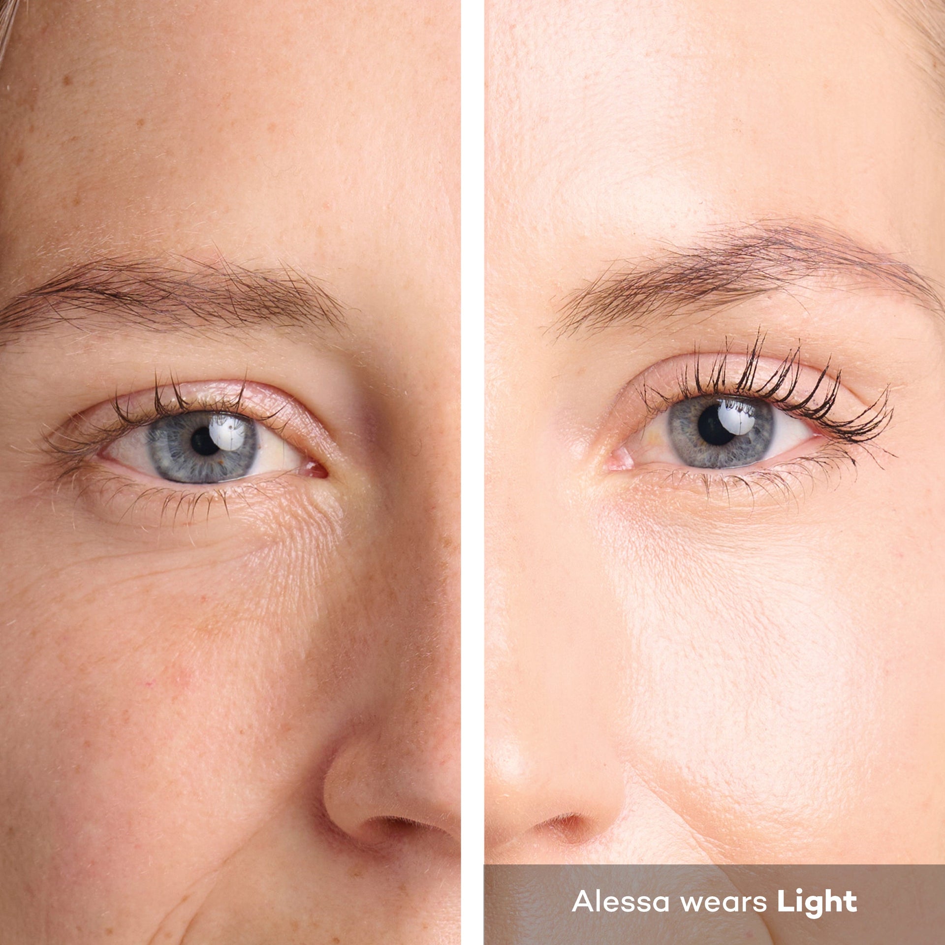 Before and after under-eye brightening results using EYEBRELLA™ Light shade