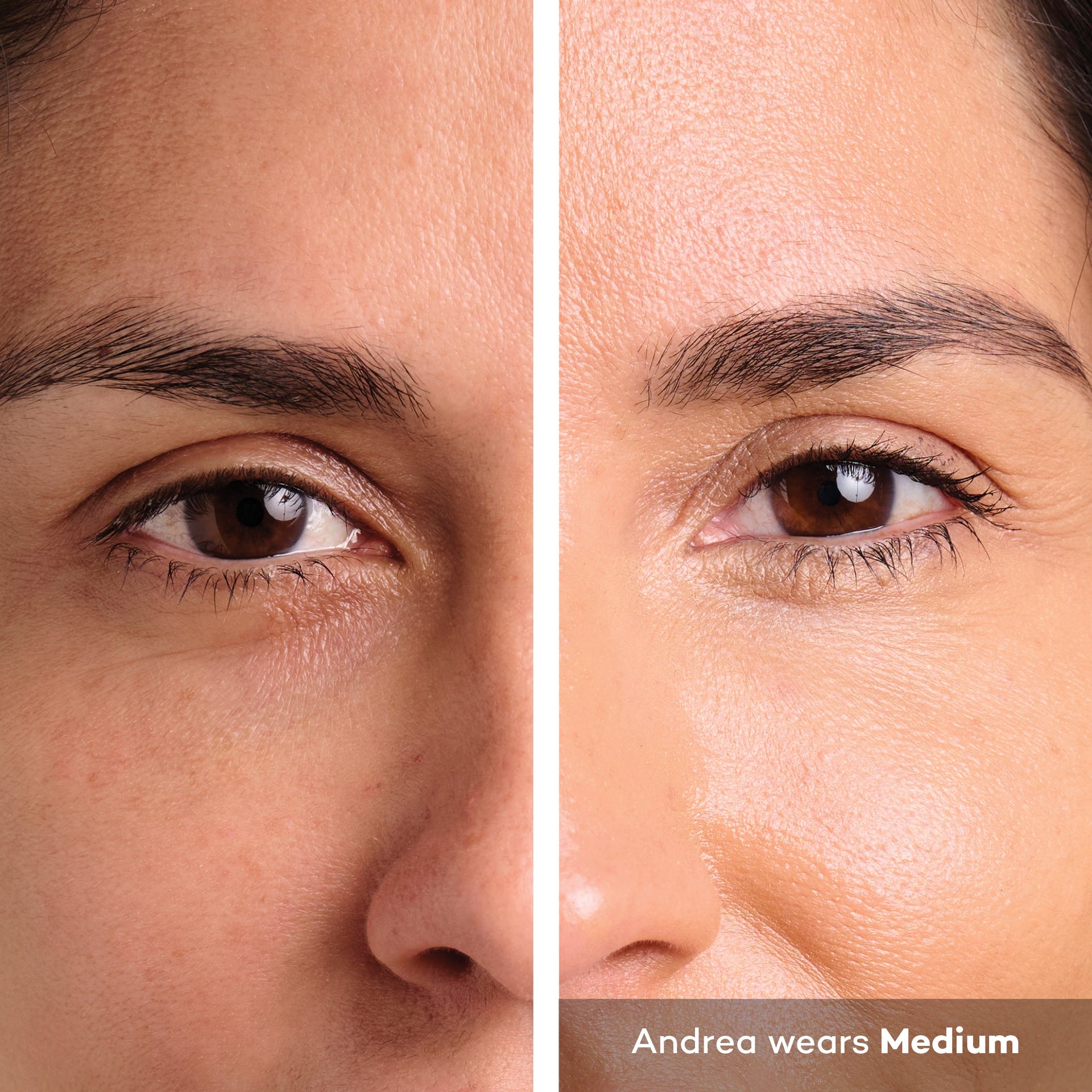 Before and after under-eye brightening results using EYEBRELLA™ Medium shade