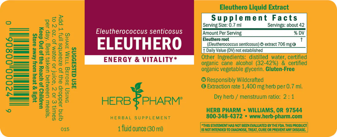 Supplement Facts of Herb Pharm ELEUTHERO EXTRACT - 1 OZ