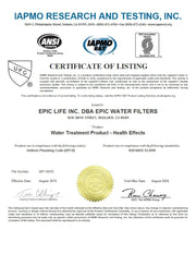 Epic Smart Shield Water Filter Under Sink Unit Certificate