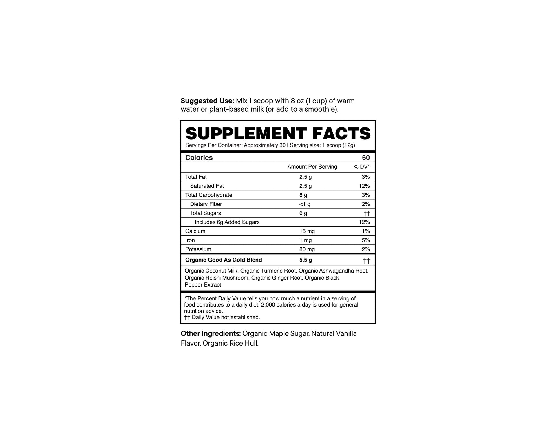 Ora Organic Good as Gold Golden Milk Powder Supplement Facts