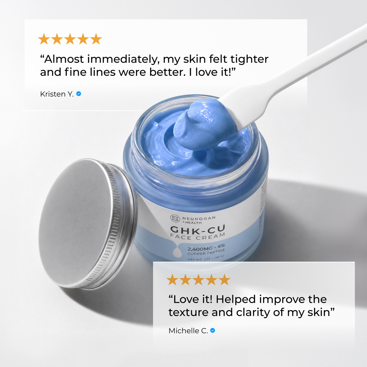 Open jar of blue Neurogan Health Advanced GHK-Cu Face Cream with customer testimonial text.
