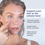 Woman applying GHK-Cu serum with callouts for supporting healthy-looking skin.