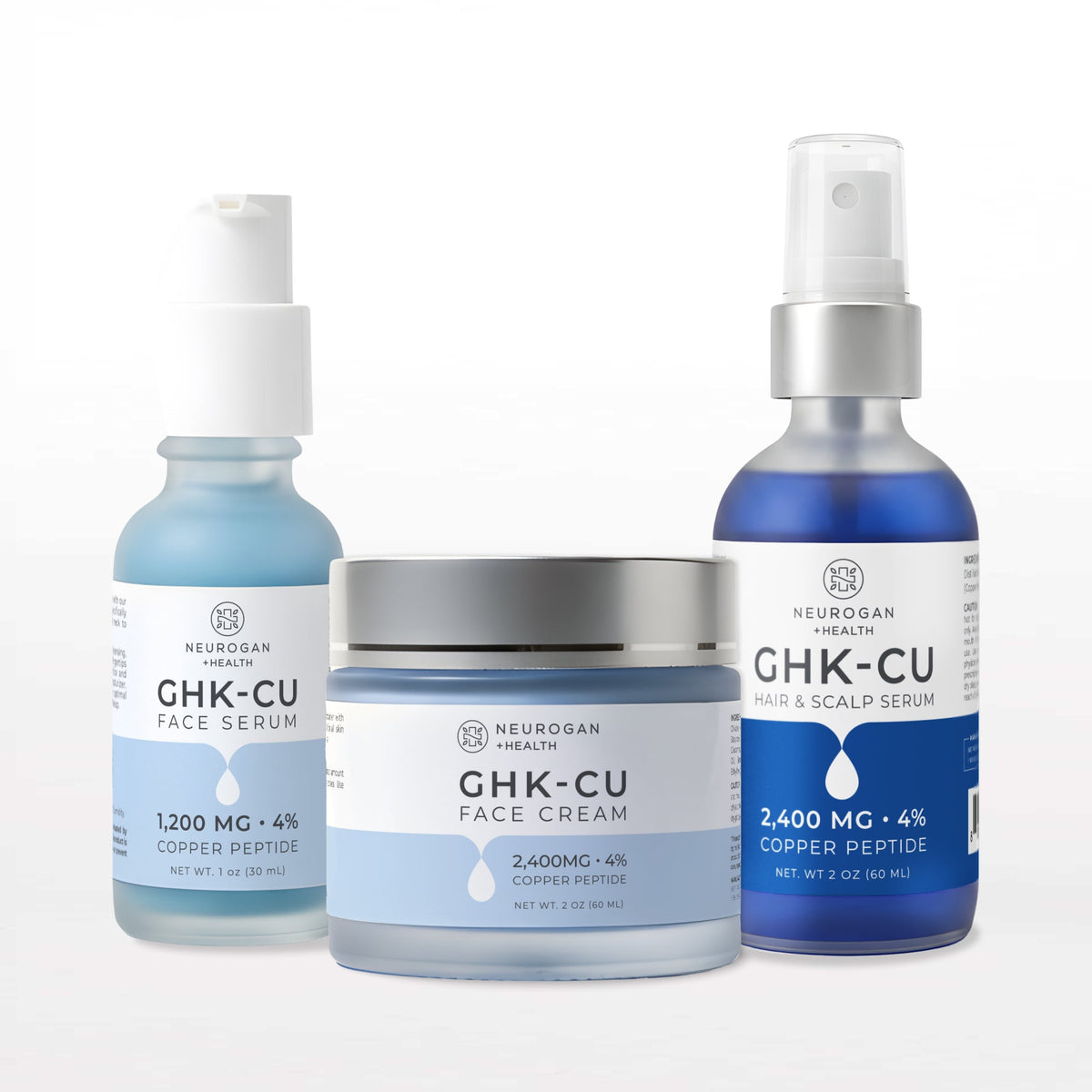 Neurogan Health Skin and Hair Stack with GHK-Cu face serum, face cream, and hair and scalp serum.