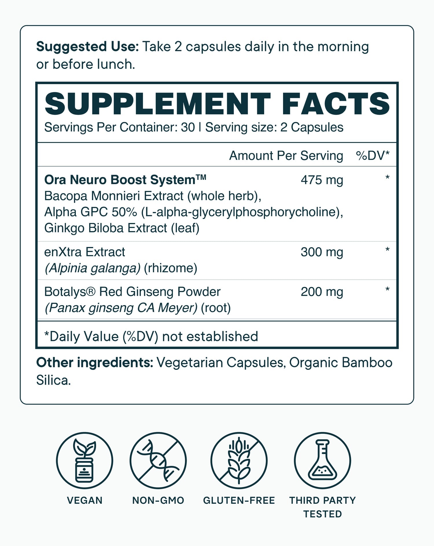 Supplement Facts of Ora Organic Cognitive Support Supplement
