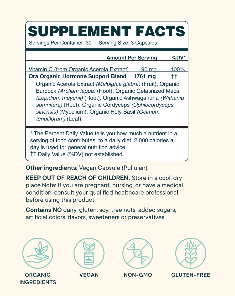 Supplement Facts of Ora Organic Hormonious: Hormonal Balance & Support Capsules