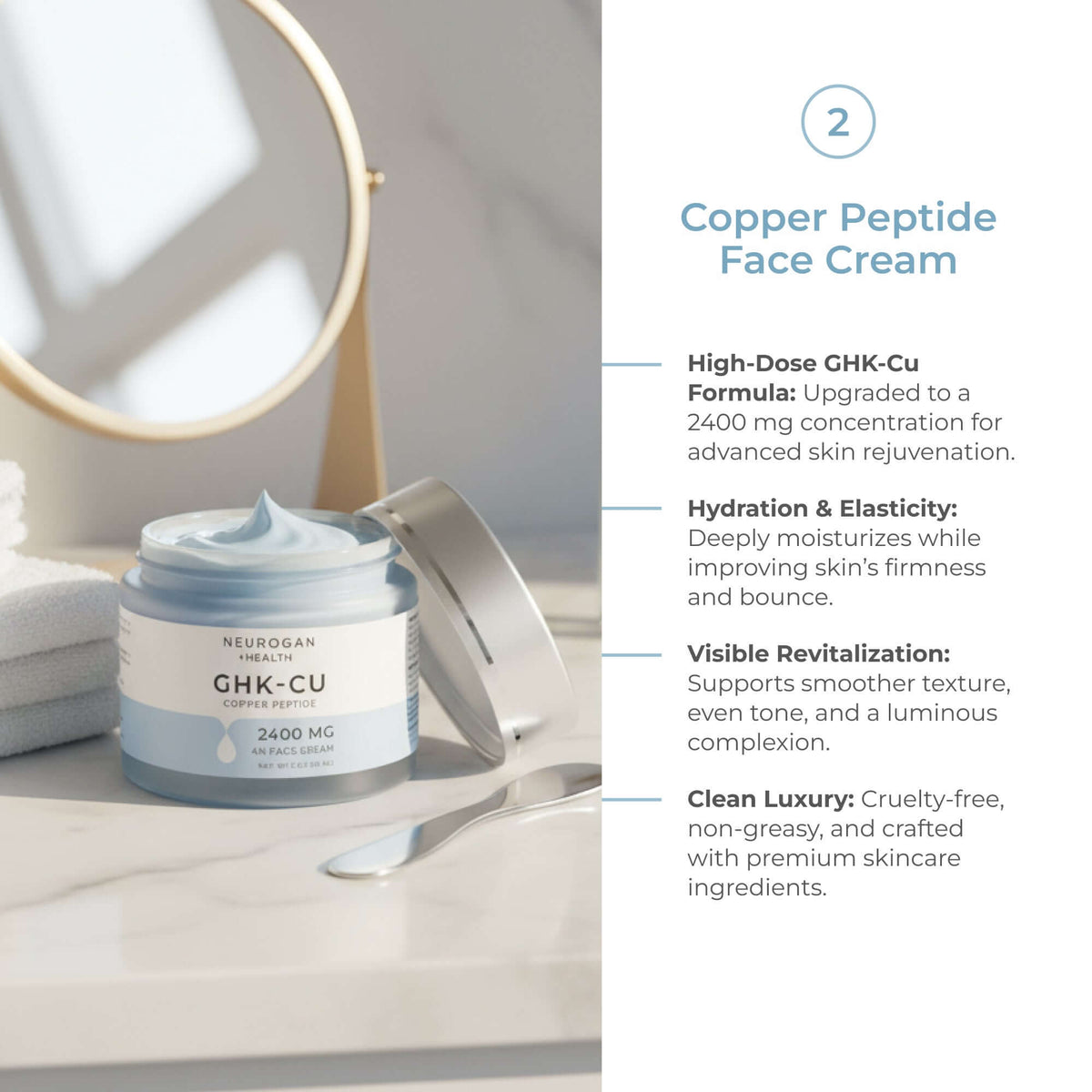 Neurogan Health GHK-Cu face cream lifestyle image with skincare benefit callouts.