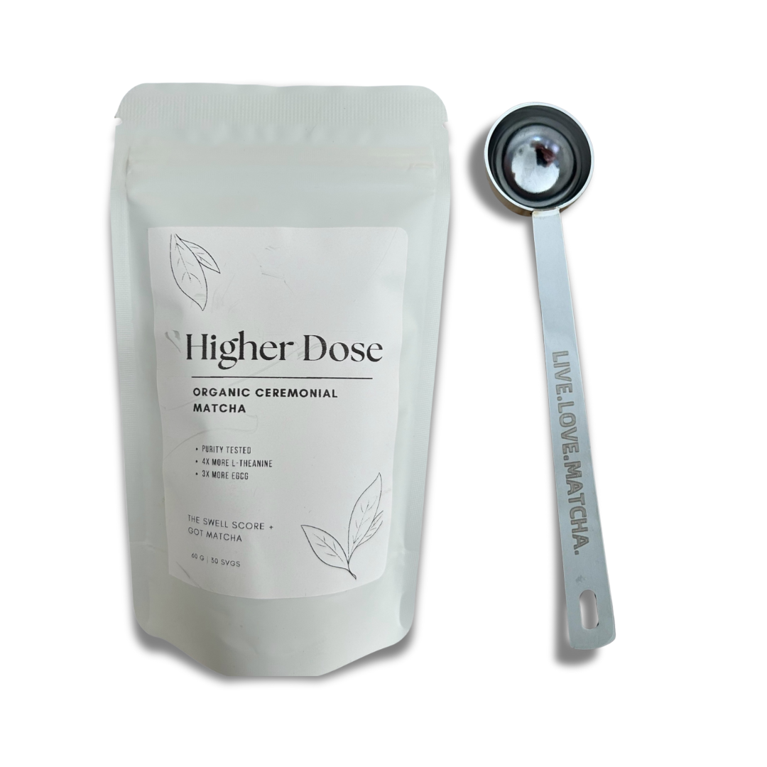 premium matcha experience with the Higher Dose Gift Set, featuring the world’s most potent, antioxidant-rich matcha and a precision scoop for perfect preparation.