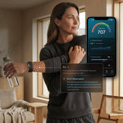 Person wearing Hume Band 2.0 while viewing health and wellness data on a smartphone.