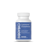 BodyBio Liposomal Glutathione supplement bottle with blue label, featuring cellular defense, detox support, and oxidative protection, 60 capsules.
