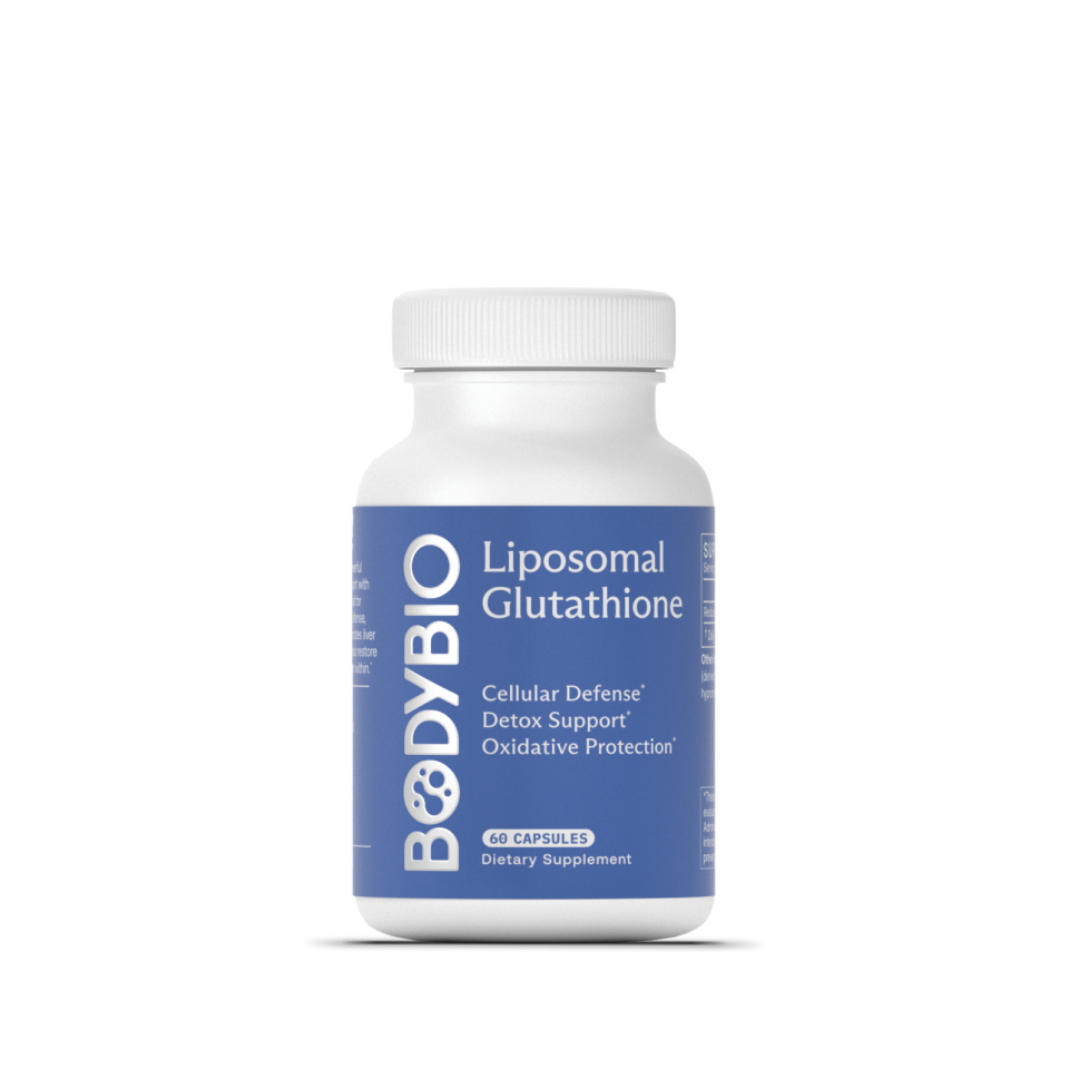 BodyBio Liposomal Glutathione supplement bottle with blue label, featuring cellular defense, detox support, and oxidative protection, 60 capsules.
