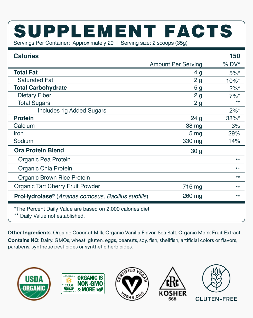Supplement Facts of Ora Organic Plant Protein for Lifelong Strength