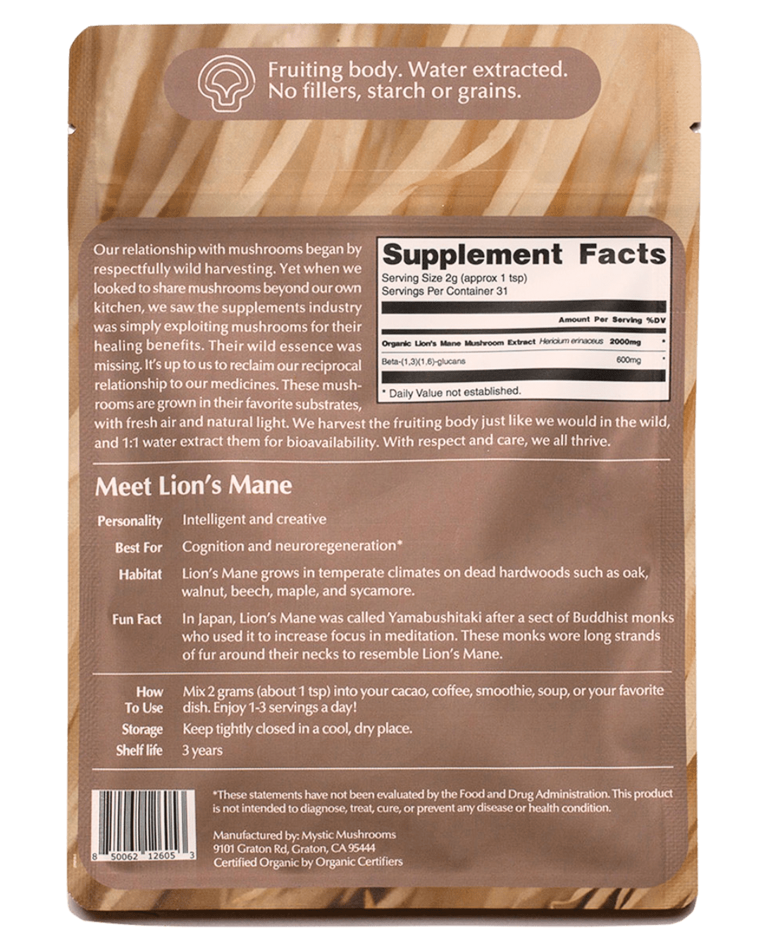 Mystic Mushrooms Lion's Mane Supplement Facts