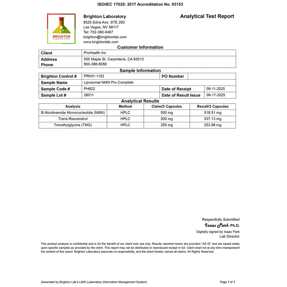 ProHealth Longevity Liposomal NMN Pro Complete™ - Analytical Test Report