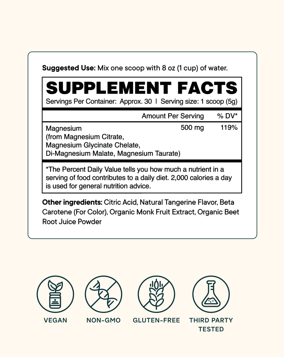 Supplement Facts of Ora Organic 4-in-1 Magnesium Powder