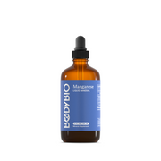BodyBio Liquid Manganese supplement bottle with dropper, amber glass, blue label, 2 fl oz liquid mineral supplement