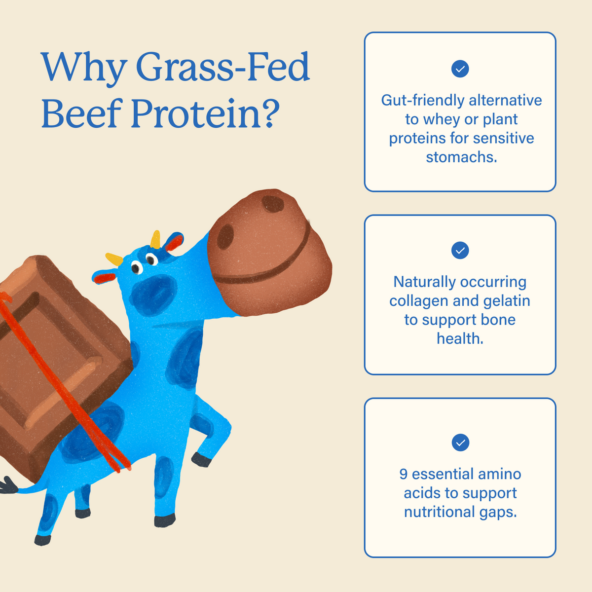 Illustration explaining the benefits of grass-fed beef protein with the Equip Kids mascot carrying chocolate and a protein scoop.
