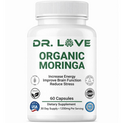 Dr. Love Organic Moringa dietary supplement bottle featuring 1200mg organic moringa leaf powder, formulated to support energy, mental clarity, focus, and daily wellness.