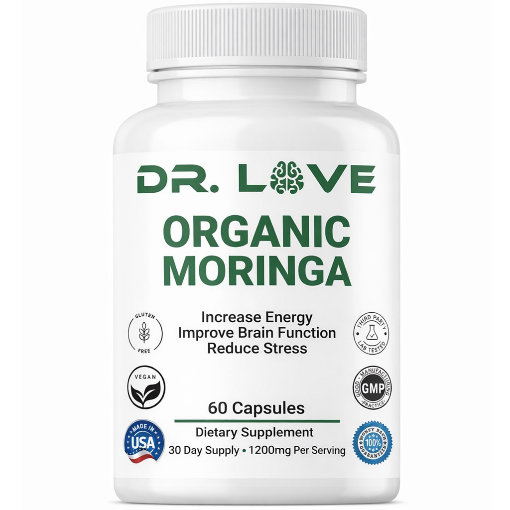 Dr. Love Organic Moringa dietary supplement bottle featuring 1200mg organic moringa leaf powder, formulated to support energy, mental clarity, focus, and daily wellness.