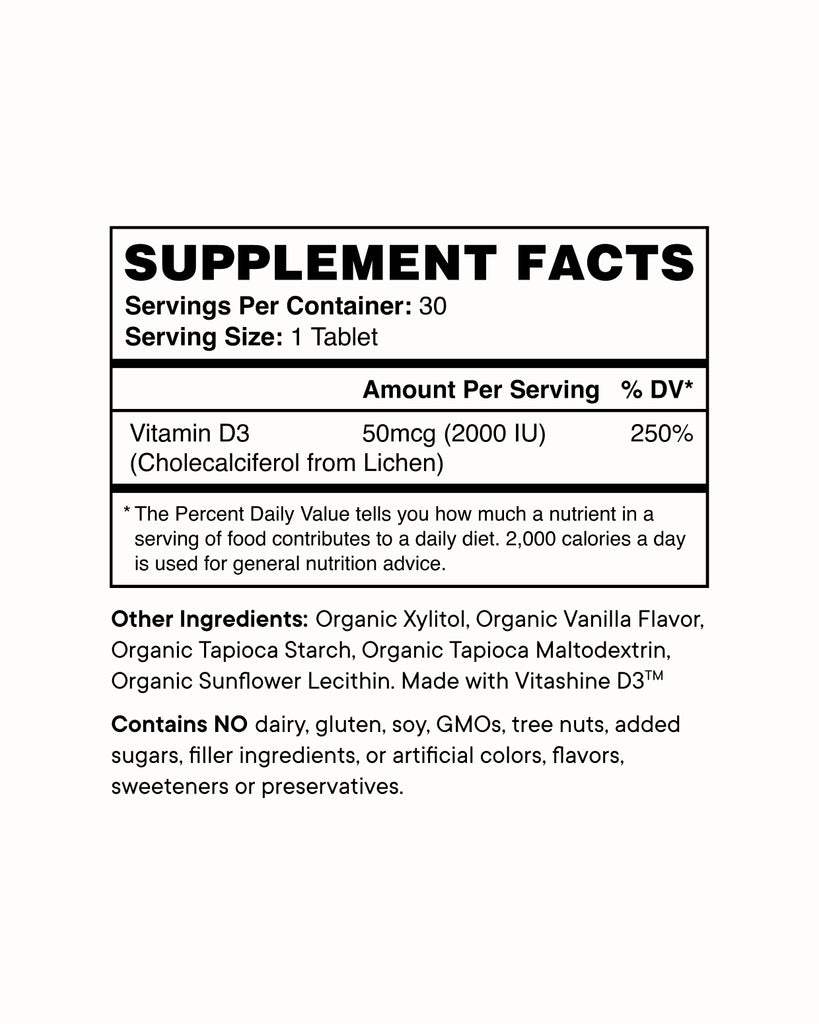 Supplement Facts of Ora Organic Sol Food: Vitamin D Tablets