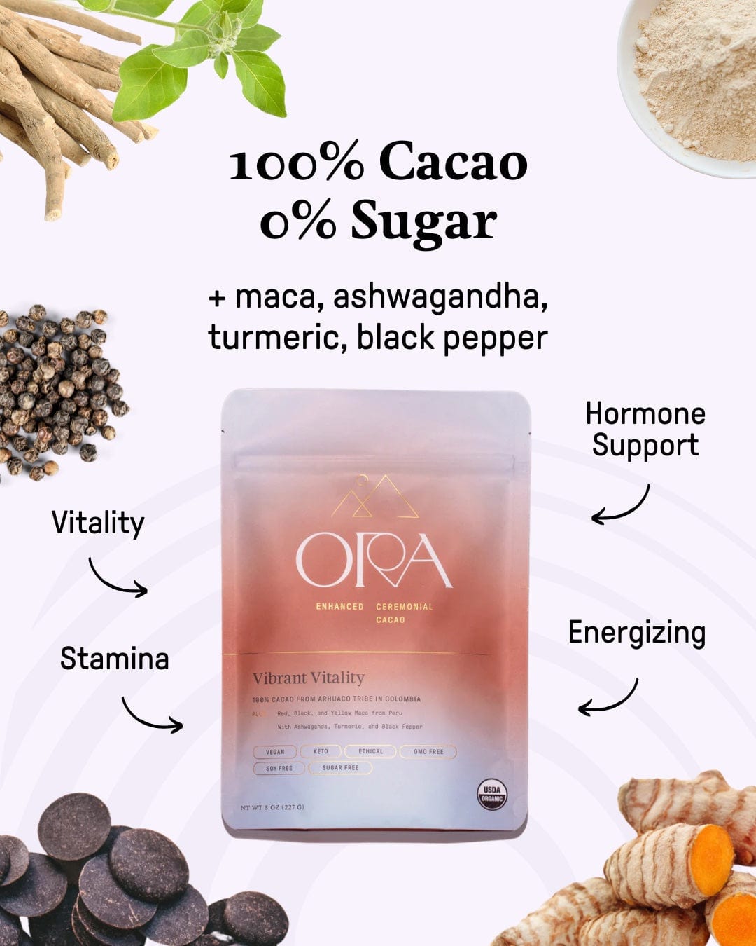 Ora Cacao Vibrant Vitality  Invigorates and grounds with natural ingredients