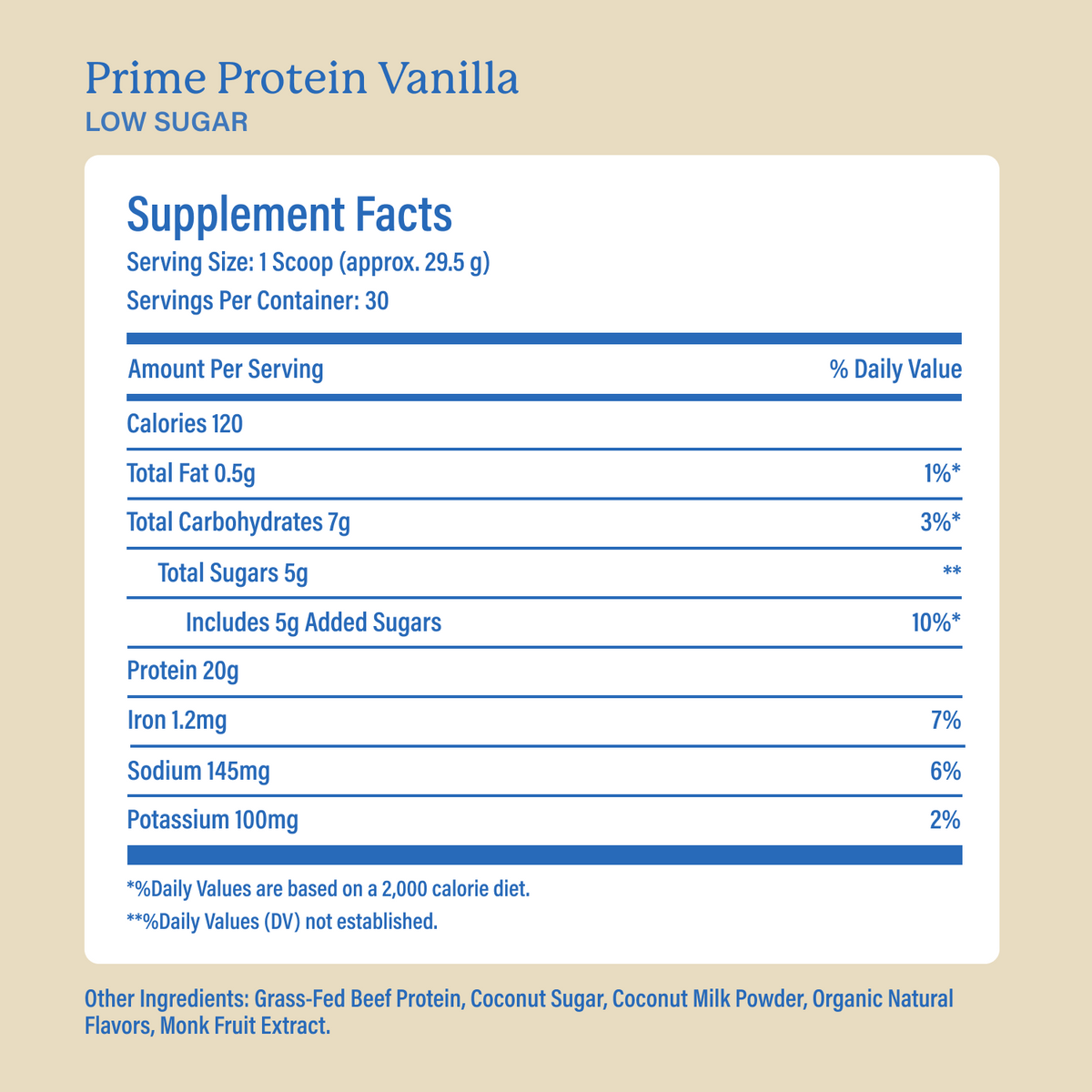 Equip Prime Protein low-sugar vanilla Supplement Facts and ingredient information
