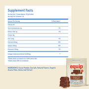 Supplement Facts and ingredients for Equip Grass-Fed Collagen chocolate, with product pouch and chocolate pieces.