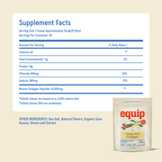 Supplement Facts and ingredients for Equip Grass-Fed Collagen vanilla, with the product pouch.