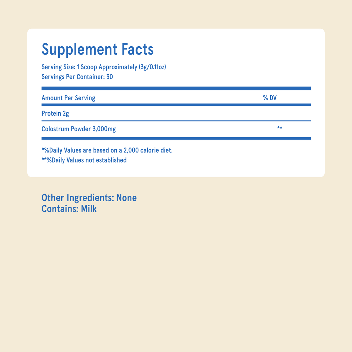 Supplement Facts panel for Equip Core Colostrum showing 3,000 mg of colostrum powder per serving.