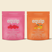 Equip Core Colostrum Gummies bundle, Raspberry and Peach Mango pouches side by side