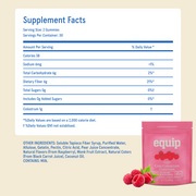 Equip Core Colostrum Gummies Raspberry supplement facts: 1g colostrum, 0g sugar, 6g fiber per 2-gummy serving