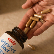 Equip Grass-Fed Beef Organs capsules poured from the bottle into a hand