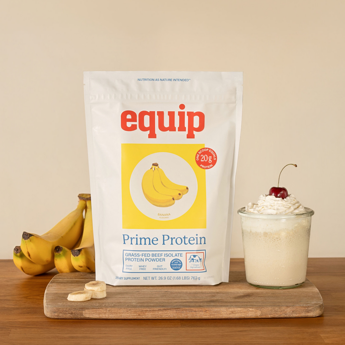 Equip Prime Protein low-sugar banana bag with bananas and a creamy protein drink