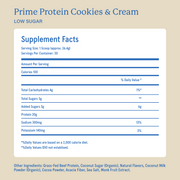 Equip Prime Protein low-sugar cookies and cream Supplement Facts and ingredient information