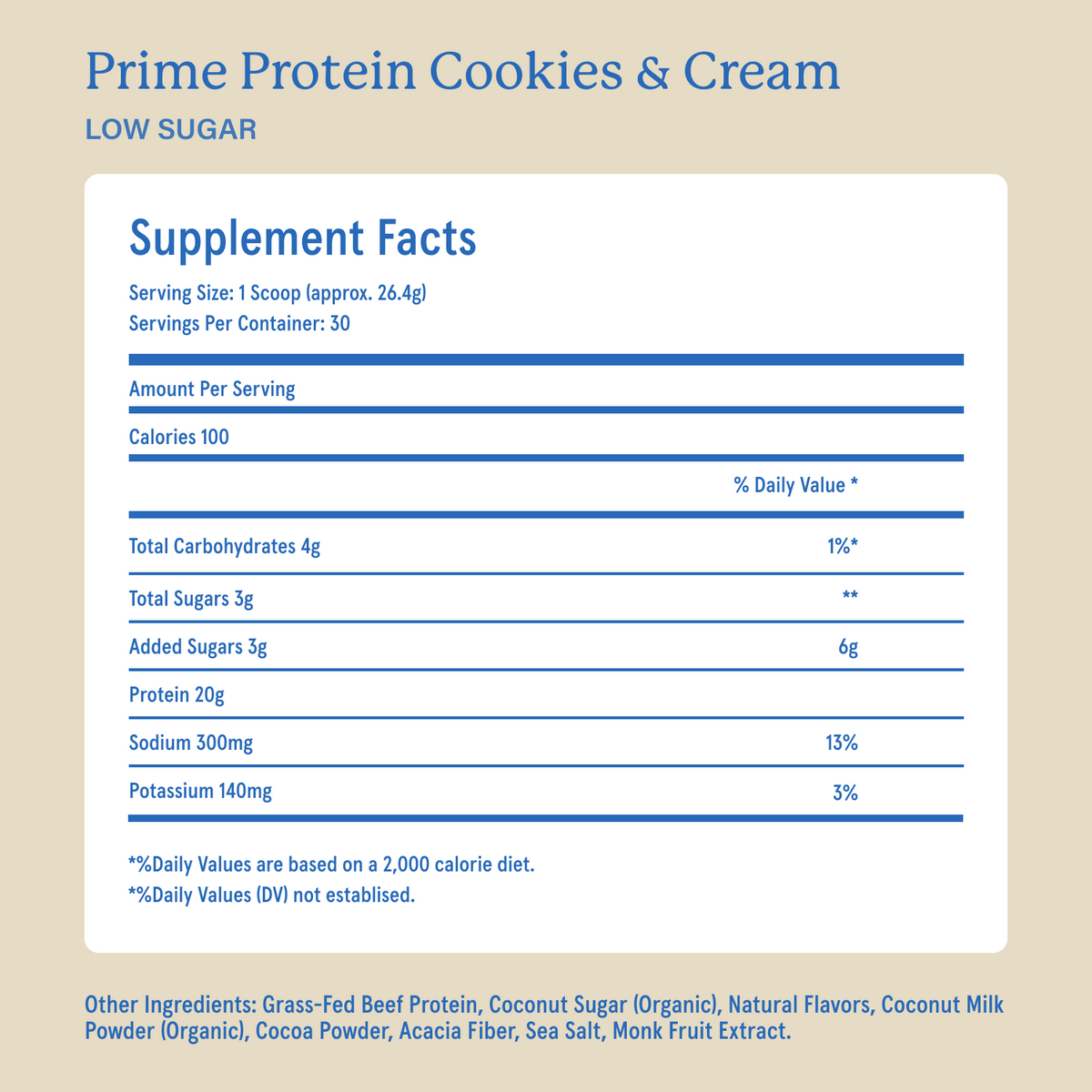Equip Prime Protein low-sugar cookies and cream Supplement Facts and ingredient information