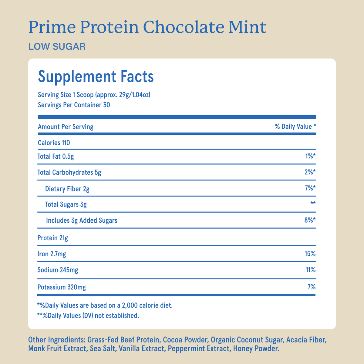 Equip Prime Protein low-sugar chocolate mint Supplement Facts and ingredient information