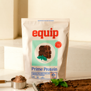 Equip Prime Protein chocolate mint bag with mint leaves, chocolate pieces, and a protein drink