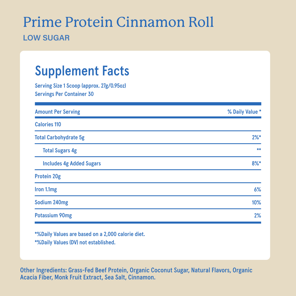 Equip Prime Protein low-sugar cinnamon roll Supplement Facts and ingredient information